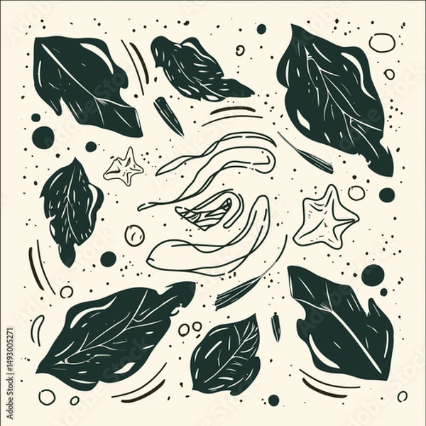 Fototapeta Botanical Harmony: Artistic depiction of various botanical elements. Leaves and organic forms scattered across the surface.