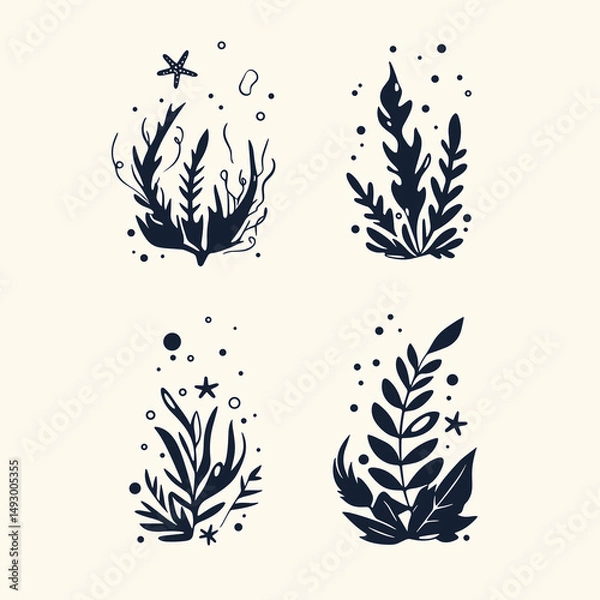 Fototapeta Seaweed Silhouette Set: An artistic and ethereal set of four seaweed silhouettes, featuring intricate details and delicate textures, perfect for adding a touch of marine charm to designs, stationery.