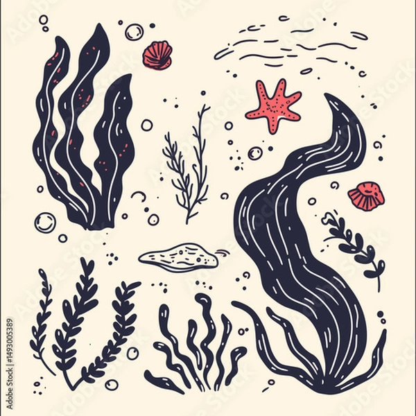 Fototapeta Underwater Treasures: An evocative collection of ocean-inspired elements, meticulously crafted in a vintage, hand-drawn style. Delicate seaweed, vibrant starfish.