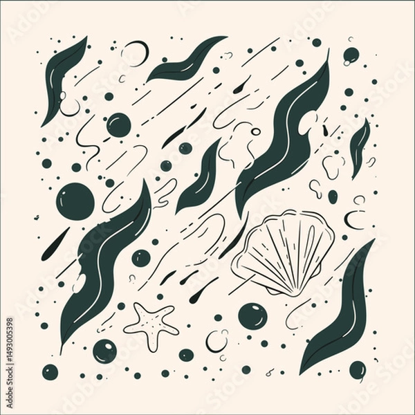 Fototapeta Oceanic Reverie: An intricate design with a charming collection of sea elements, including seaweed, bubbles, and a conch shell, creates a sense of marine allure.