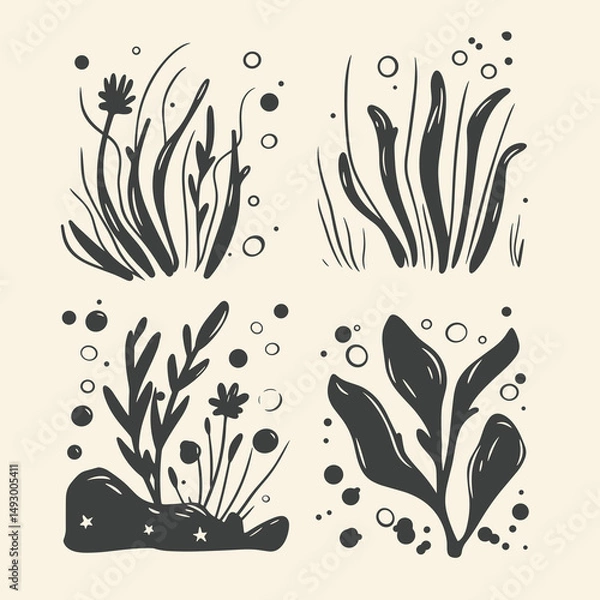Fototapeta Botanical Art Collection: A set of four elegant botanical illustrations featuring a variety of plants, leaves and aquatic plants rendered in a minimalist.