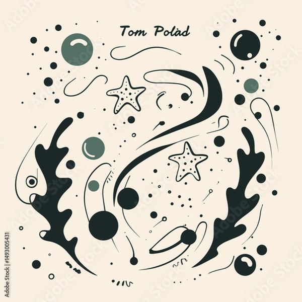 Fototapeta Abstract Marine Symphony: A whimsical, graphic illustration captures the fluid dance of marine life, presenting a harmonious interplay of form, lines, and textures.