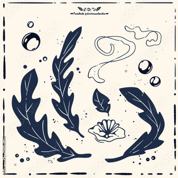Fototapeta Botanical Artwork: Simple yet elegant botanical illustration, showcasing a selection of intricate leaves and delicate flower. Featuring a simple yet elegant style.