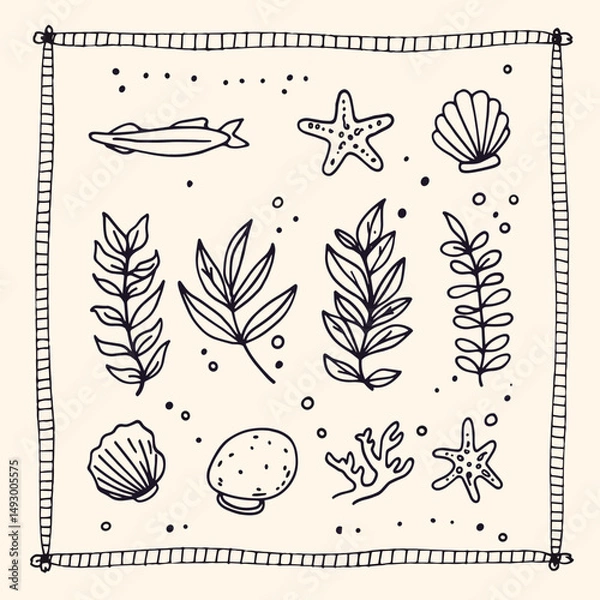 Fototapeta Oceanic Doodle: A captivating doodle composition featuring various marine elements, presented in elegant black lines and a light background. Showcasing the beauty and diversity of underwater life.