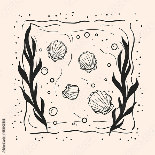 Fototapeta Seashells and Seaweed: Hand-drawn illustration of seashells nestled amongst seaweed on an ocean floor.  The illustration is framed by seaweed branches, giving a sense of serenity and calmness.