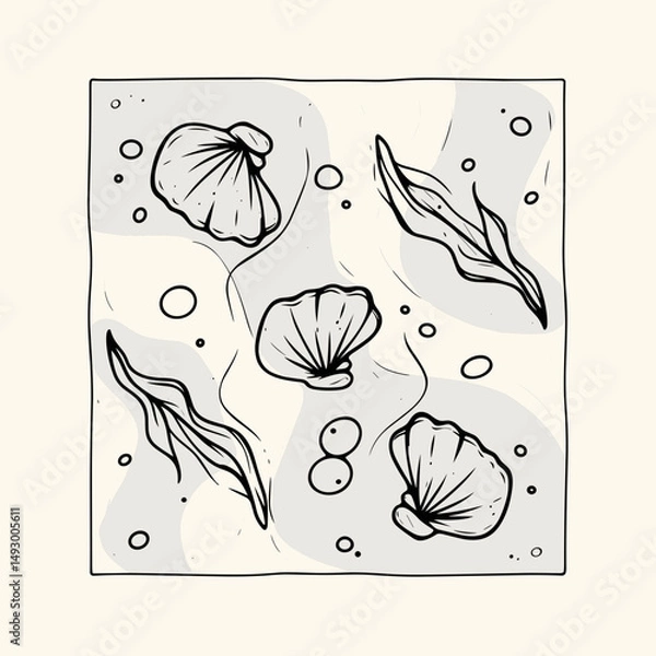 Fototapeta Underwater Botanical Sketch: An artistic line drawing of seashells and seaweed, creating a serene underwater scene. The illustration features delicate lines and subtle shading.
