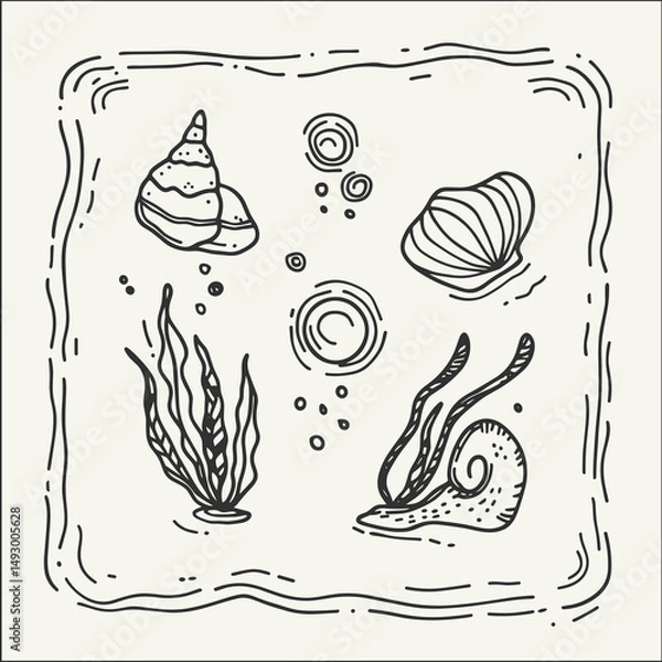 Fototapeta Ocean Sketch: A captivating line art illustration unveils the intricate beauty of the ocean, with detailed depictions of seashells, algae, bubbles, and a marine snail, creating a serene visual.