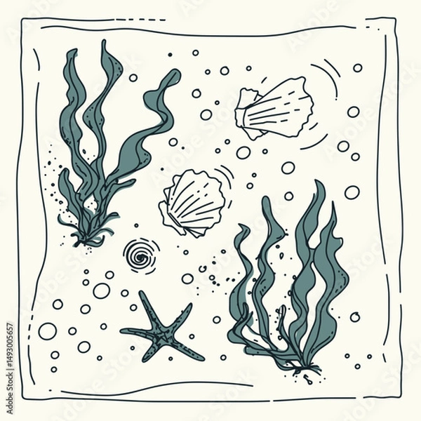 Fototapeta Seashells and Seaweed: Artistic illustration of seashell, seaweed, starfish and other underwater elements creating a sense of tranquility and the wonders of marine life.