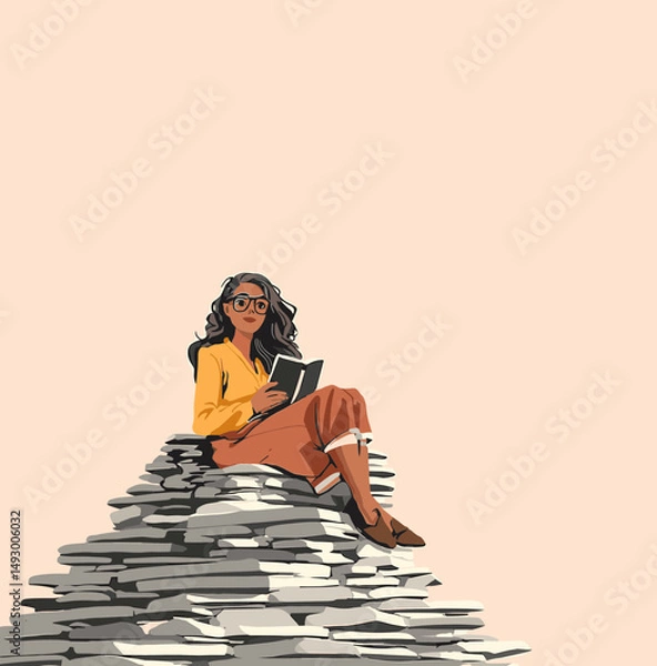 Fototapeta Literary Escape: A woman, immersed in the pages of a book, finds her sanctuary atop a towering stack of paper.