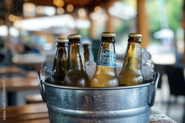 Obraz Refreshing ice cold beers in a bucket create a lively centerpiece at a sunny restaurant setting, Ice cold beers in a bucket, centerpiece of a restaurant outdoor dining space