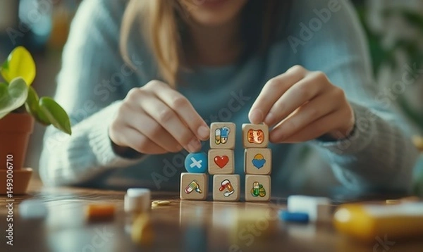 Fototapeta A child explores health and wellness through playful building blocks and symbols under soft warm