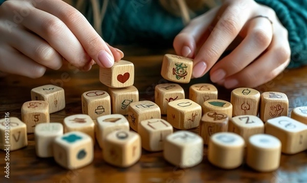 Fototapeta Crafting tales Hands arrange story dice igniting imagination and narrative adventures on a rustic