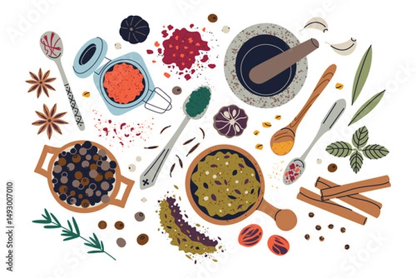 Fototapeta Top view composition with spices in wooden bowls and glass jars. Aesthetic layout with herbs, seasoning blends, kitchen tools vector illustrations, flat icons of cumin, turmeric, pepper