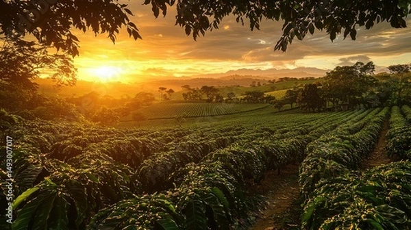 Obraz stunning view of a coffee plantation at sunset, with the last rays of sunlight filtering through the coffee trees and casting a warm glow over the field.