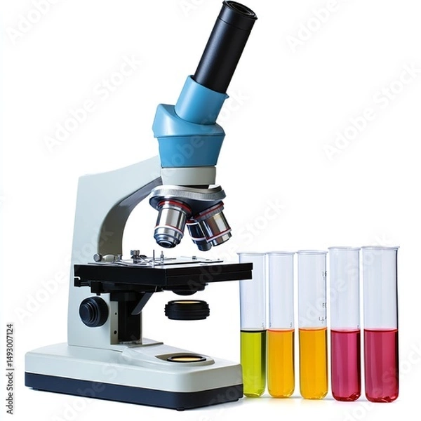 Fototapeta Investigating life s mysteries Colorful liquids being analyzed with a microscope and bright studio