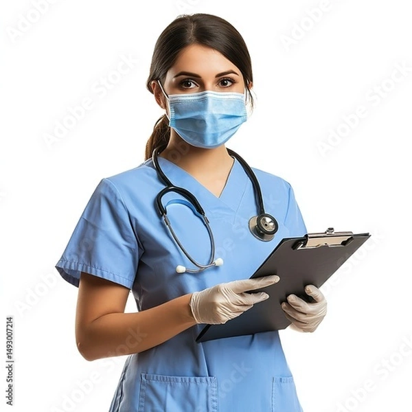 Fototapeta A determined young nurse in mask ready to care holds patient records in a clean hospital setting and
