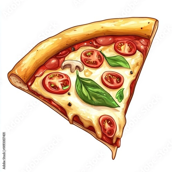 Fototapeta A delicious slice of pizza with melted cheese and fresh toppings a culinary delight on a clean white