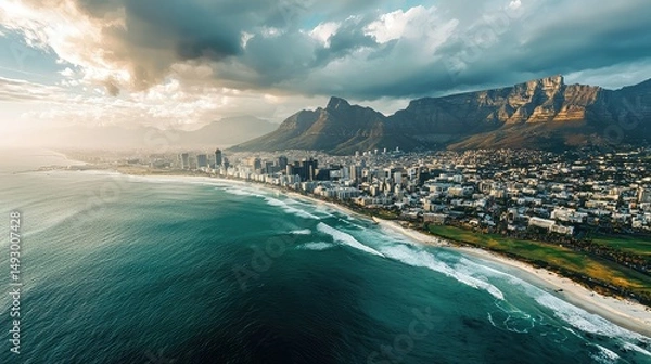 Obraz stunning view of Cape Town's urban coastline, with the buildings stretching along the shore and the mountains rising in the distance, under a cloudy sky.