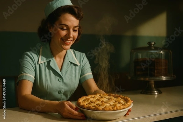 Obraz Nostalgic 1960s diner scene with smiling waitress serving fresh pie
