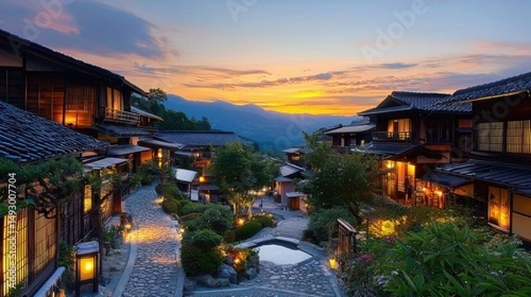 Obraz stunning view of Magome-juku at dusk, with the Nakasendo Trail weaving through the village as the sky turns gold and pink.