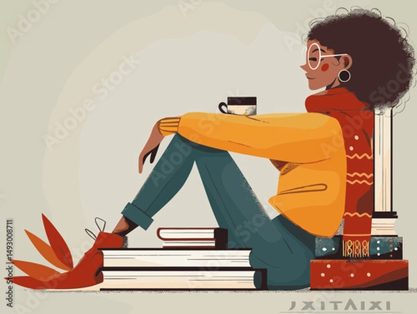 Fototapeta Literary Leisure: An artistic portrayal of a woman engrossed in a book, accompanied by coffee. The illustration evokes a sense of calm and intellectual pursuit, perfect for a relaxing moment.