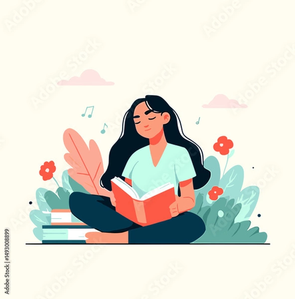 Fototapeta Lost in Literature: A serene woman finds solace in a captivating book, surrounded by blooming flowers and melodic notes, creating an ambiance of peaceful tranquility. 