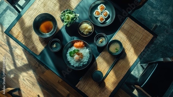 Obraz stylish aerial shot of a Japanese meal with sushi rolls, rice, miso soup, and a side of tempura, placed on a sleek, modern restaurant table.