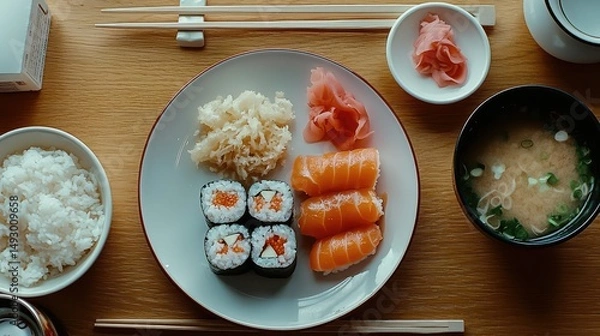Obraz stylish aerial shot of a Japanese meal with sushi rolls, rice, miso soup, and a side of tempura, placed on a sleek, modern restaurant table.