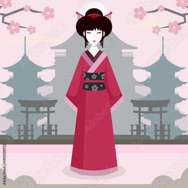 Fototapeta Vector cartoon image. The geisha in the square. Flat graphics, a historical Japanese character.
