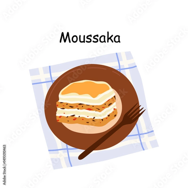Obraz 
Moussaka is a dish of roasted meat marinated in lemon juice and garlic, with potatoes, oregano and white wine, served on a plate on a pastel purple patterned tablecloth. Greek cuisine
