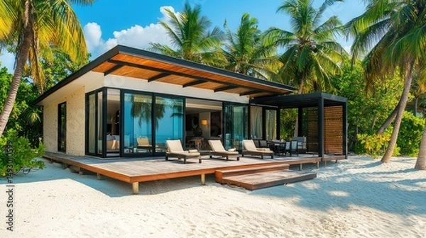 Obraz stylish and elegant bungalow with large glass windows, a private deck, and views of the surrounding beach, ideal for a relaxing seaside retreat.