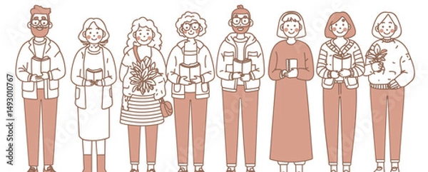 Obraz Gift Giving Harmony: Illustration depicts a diverse group, each holding a gift or bouquet, promoting a sense of sharing and unity in a cheerful way.