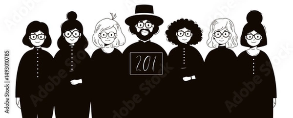 Obraz Black-Clothed Figures in Line: a monochrome portrait of a diverse group of people, dressed in dark attire, stand in an organized arrangement. The composition may signify a collective idea or theme.