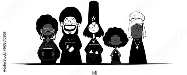 Obraz Diverse Religious Figures: A stylized illustration of five diverse religious figures, each representing a different faith and tradition, standing together in unity. 