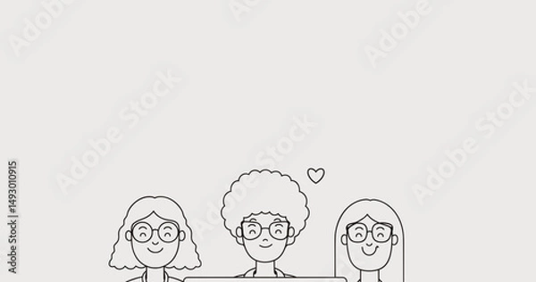 Obraz Three Friends: A simple line drawing illustration of three friends with glasses and hearts smiling together in a minimalist style. The illustration emphasizes unity, friendship and togetherness.