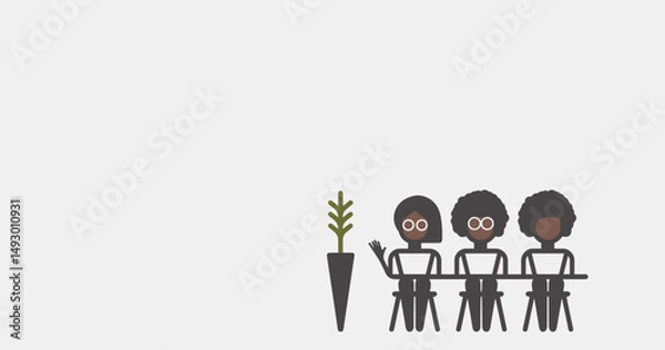 Fototapeta Team of Three Meeting: Illustration of three figures seated around a table, engaged in discussion or collaboration. A representation of communication. 