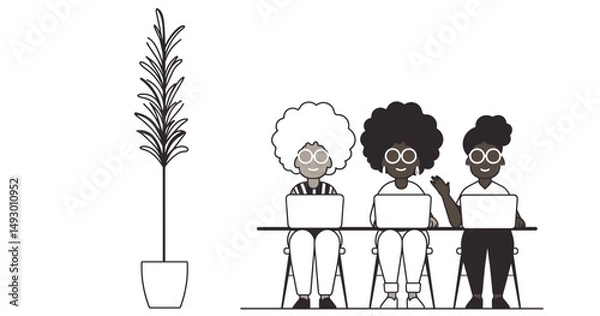 Obraz Digital Collaboration: Illustration of three individuals seated at a desk, engrossed in their laptops, with a potted plant providing a touch of greenery. This image evokes a sense of teamwork.