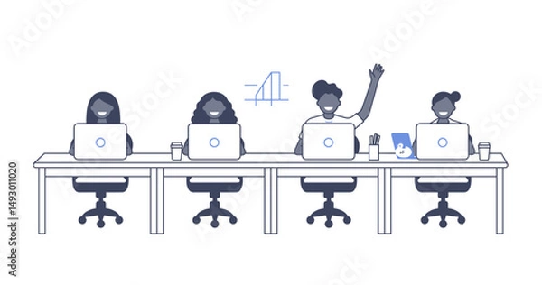 Obraz Focused Minds at Work: A team of diligent individuals are absorbed in their respective tasks, each meticulously navigating their laptops while seated at a communal desk.