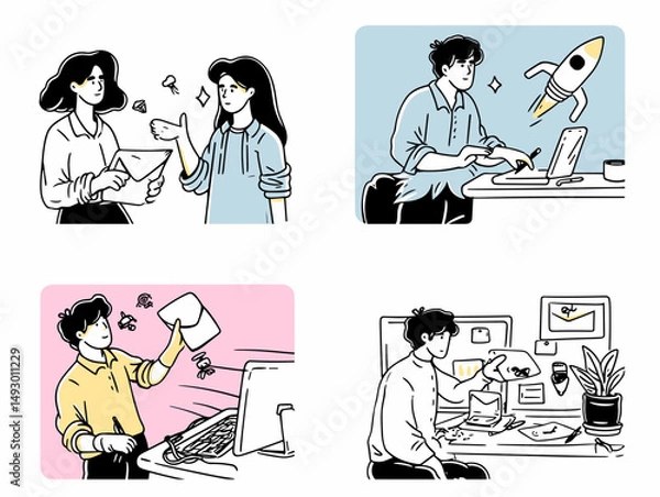 Obraz Business Interactions and Creative Process: A curated illustration set showing collaboration, innovation, and workflow concepts with clean lines and pastel hues.