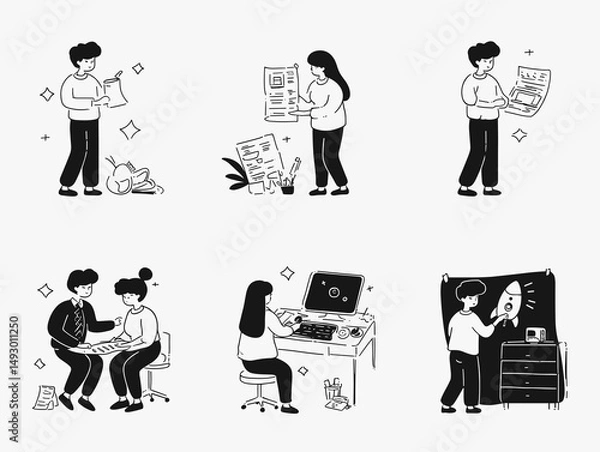 Obraz Line Art Illustration of Startup Culture:  An illustration set featuring various black and white line art characters representing entrepreneurs, designers.