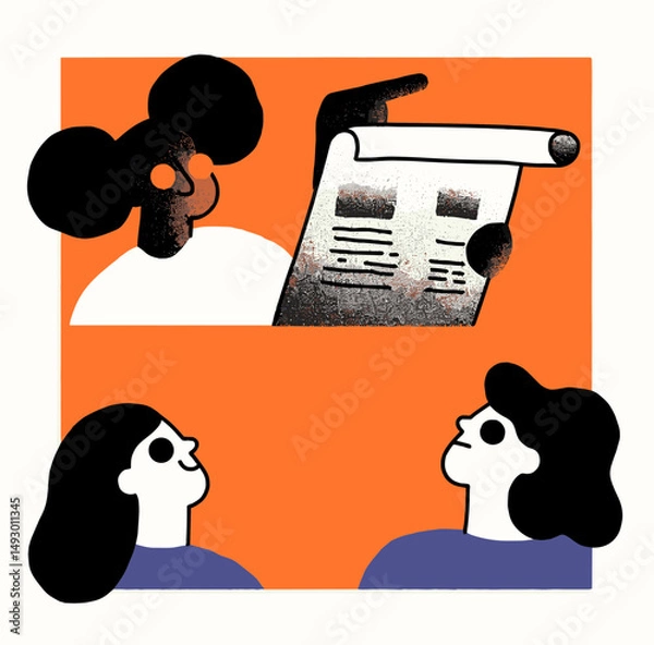 Fototapeta Strategic Assessment: A depiction of a project manager presenting a detailed document to an attentive audience, emphasizing clear communication and focused teamwork