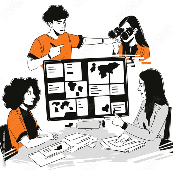 Obraz Analyzing the Strategy: Team's Deliberation on the Digital Map : A graphic rendering depicts a group of professionals intently reviewing a digital map on a large monitor.
