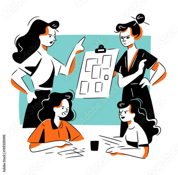 Obraz Animated Team Discussion: An animated illustration captures a dynamic team meeting, where discussions and critiques shape the trajectory of a project or idea