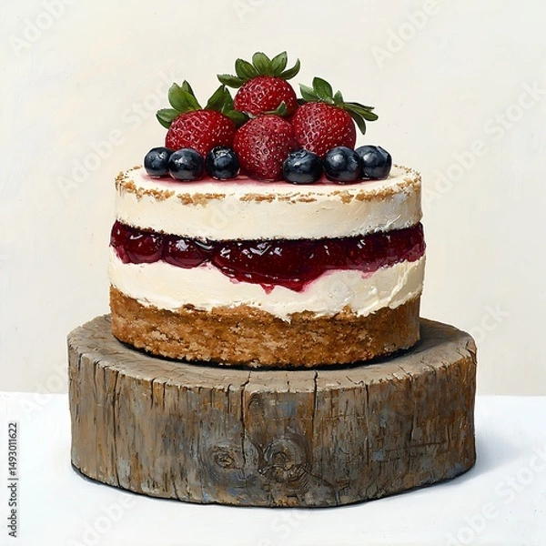 Fototapeta Rustic Layered Berry Cake with Vanilla Frosting on Wooden Stand