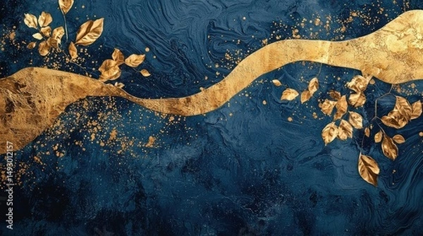 Obraz Stylish banner featuring gold leaf accents on a navy abstract backdrop