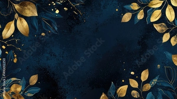 Obraz Stylish banner featuring gold leaf accents on a navy abstract backdrop