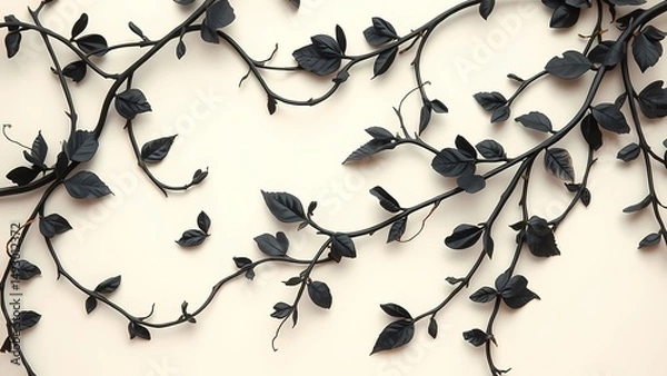 Fototapeta Delicate floral background features winding black vines and leaves with subtle golden accents on a soft, creamy white surface.