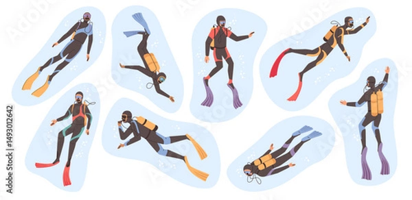 Obraz Divers wearing flippers and goggles, oxygen masks. Vector isolated scuba diving activity, sports and summer recreations and leisure time. Cartoon personages exploring underwater world