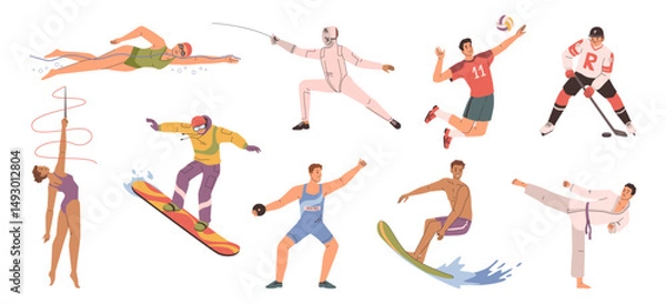 Obraz Sports and hobbies, isolated set of people with active lifestyle. Vector in flat style, fencing and football, rhythmic gymnastics and surfing, snowboarding and karate, swimming and hockey