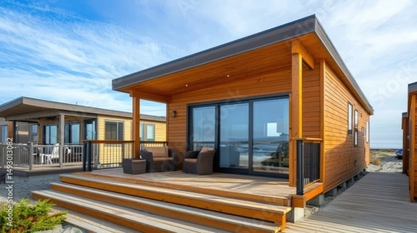 Obraz stylish beachfront bungalow with wooden siding, large sliding doors, and a wooden deck, providing spectacular views of the oceanfront resort.